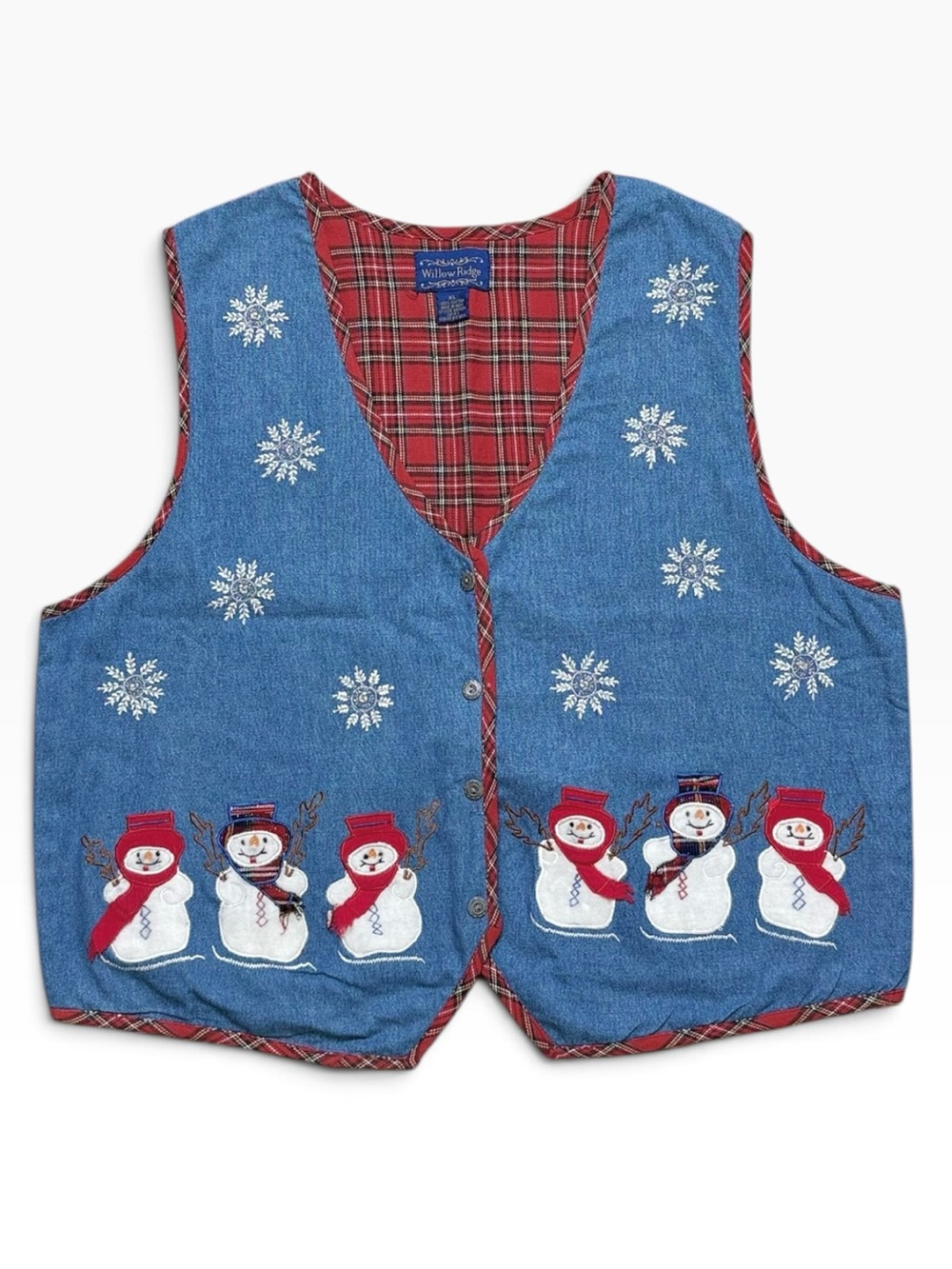 Vintage Christmas Vest Denim & Holiday Plaid Snowman XL